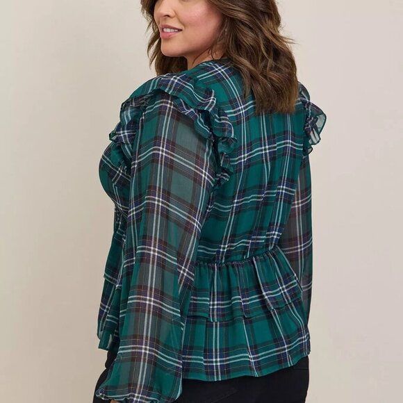 torrid Chiffon Ruffled Surplice Plaid Green Crop Top Sz 1 - Picture 1 of 7